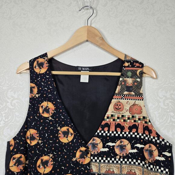 VTG 111 Main Halloween Vest L Black Orange Witch Pumpkins Black Cat Trick Treat - Picture 2 of 10